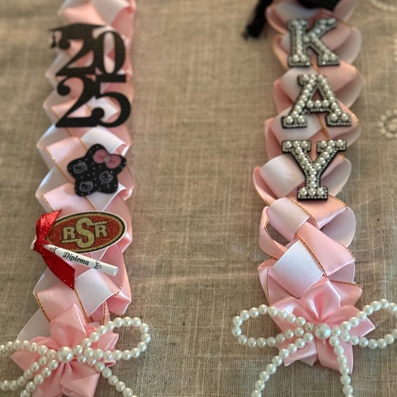 Graduation Lei Pink and White Ribbon Coquette Bow & Pearl Accents Custom Made - Picture 1 of 11